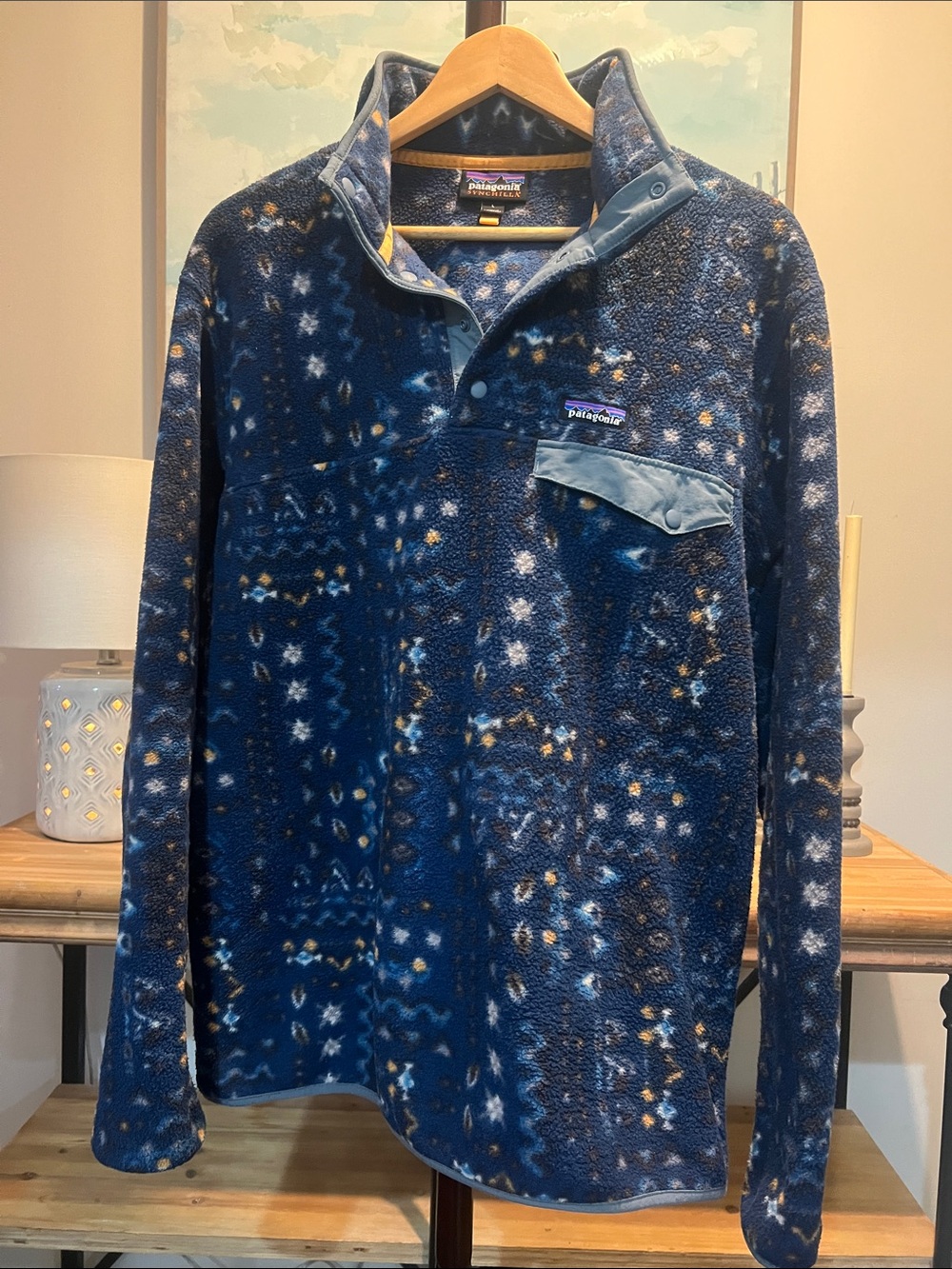 Patagonia Synchilla Fleece Men’s Navy Blue Patterned Wander Snap Pullover Fleece